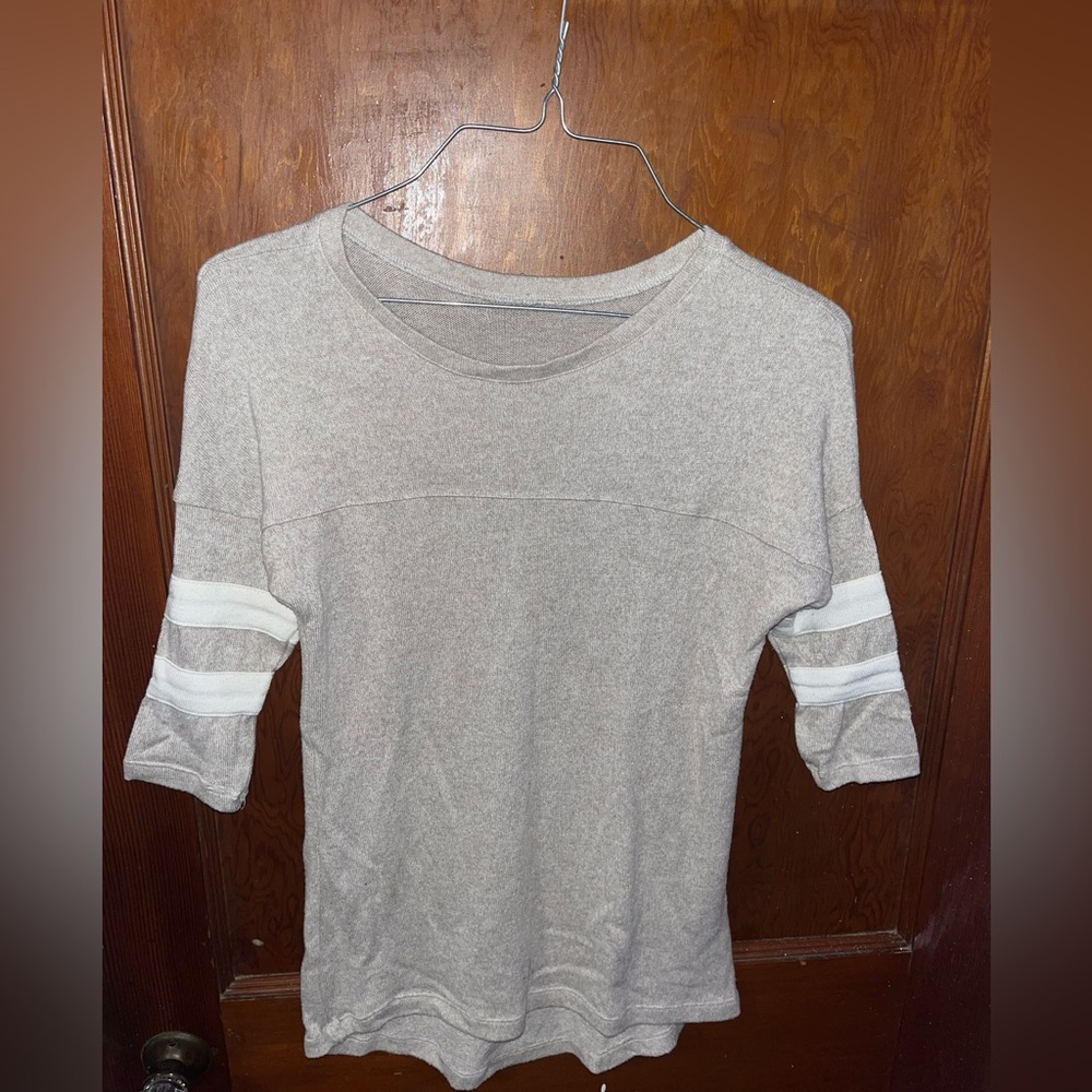 Oatmeal Sweater with white stripes on sleeves- Medium